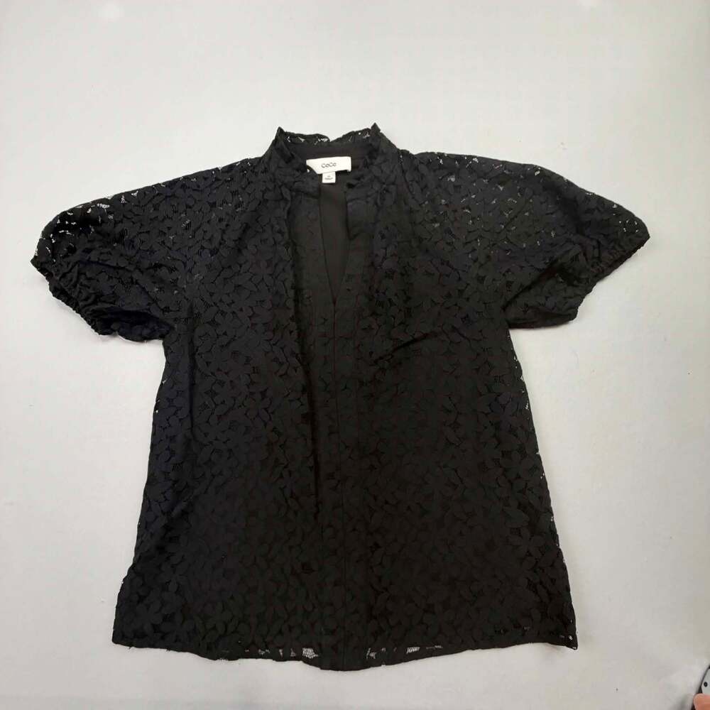 CeCe Women's Floral Lace Puff Sleeve Split Neck Top in Black